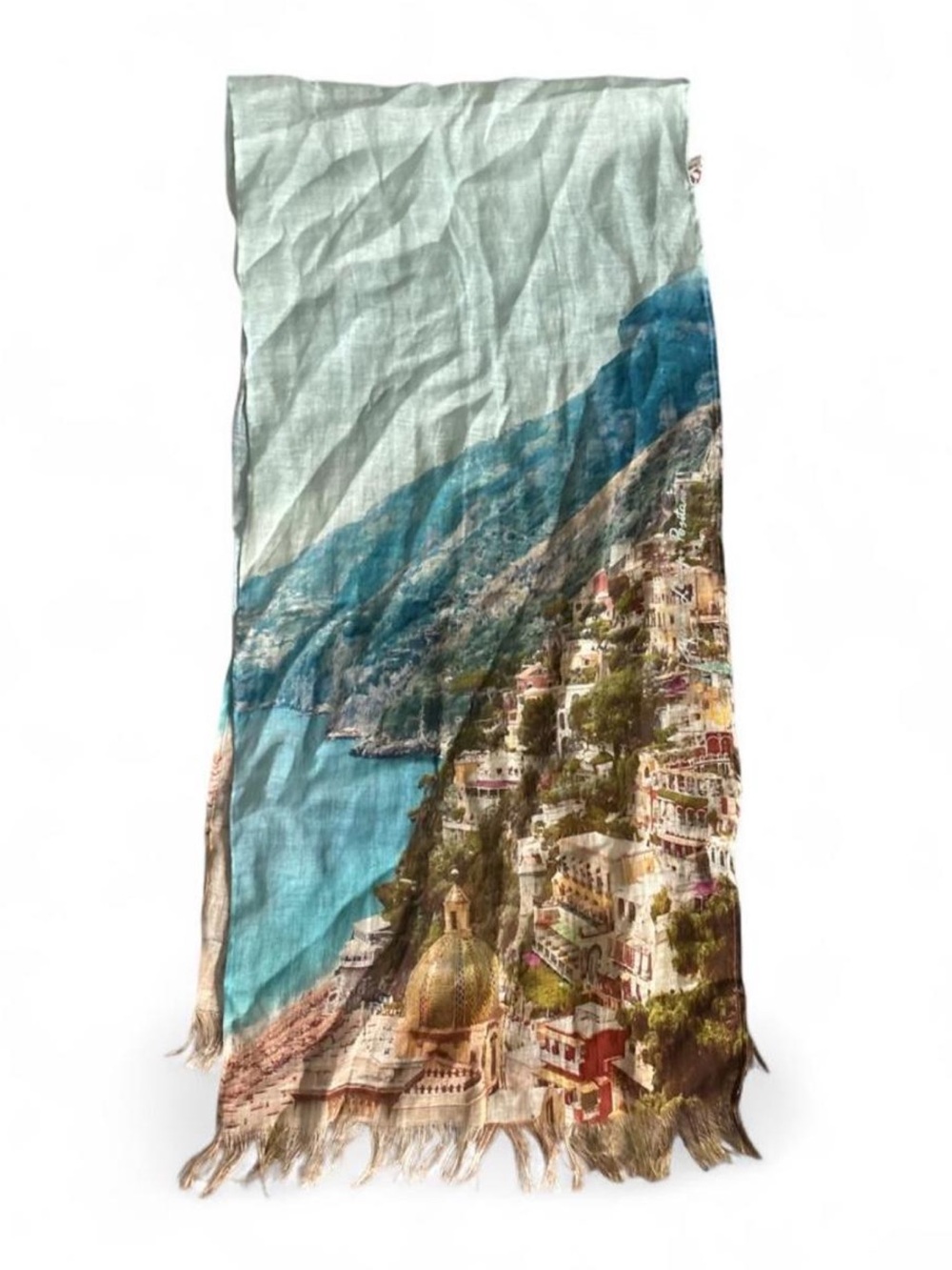 Maria Lampo Positano Italian scarf 100% linen with coastal town scene